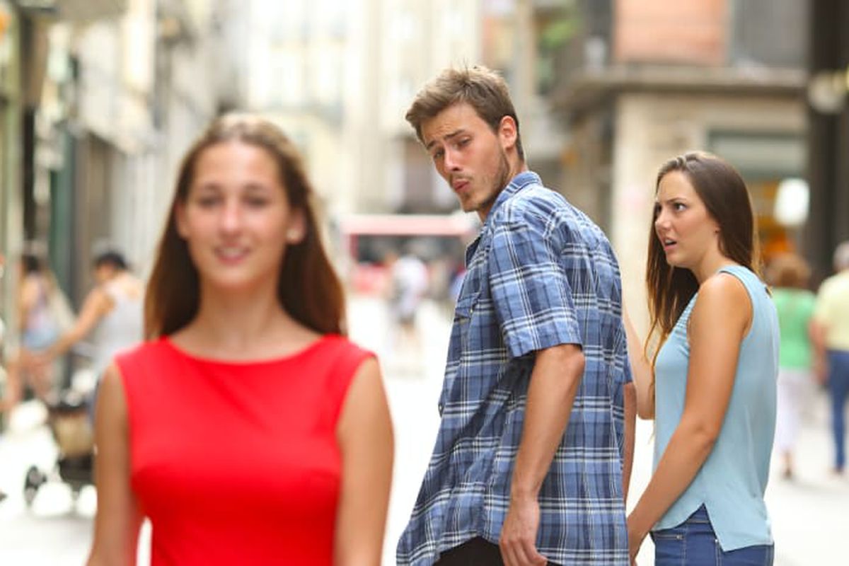 Distracted Boyfriend meme. The woman walking past: "A 20% off code for socks". The boyfriend: "Your user". The girlfriend: "Your signature request".